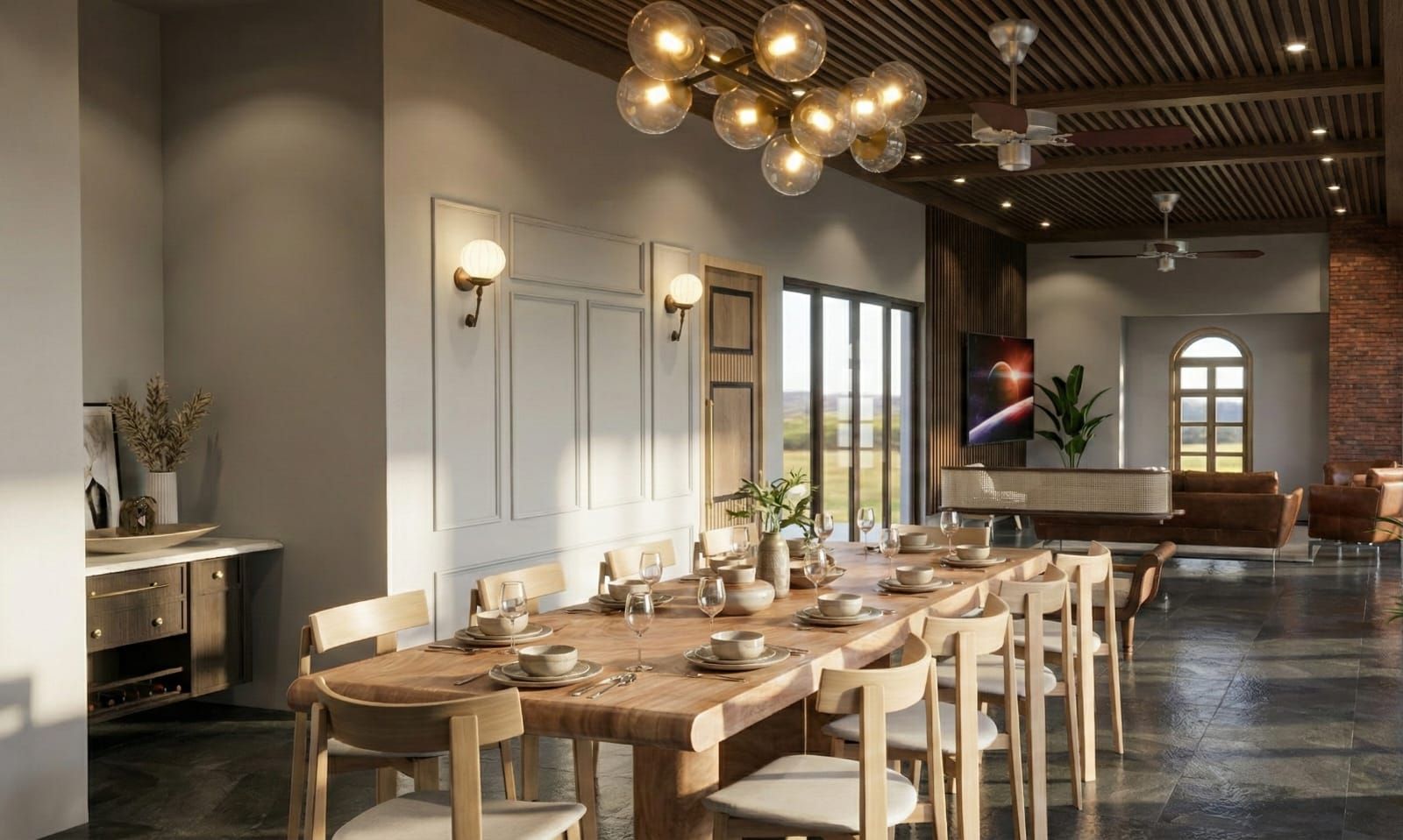 Modern dining hall featuring a live-edge wooden table, globose pendant lighting, and an expansive view of the surrounding landscape.