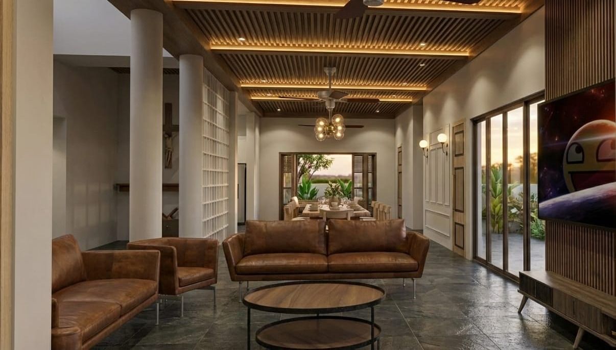 Luxury living room interior showcasing a slatted timber ceiling, mid-century modern leather seating, and seamless indoor-outdoor transition.