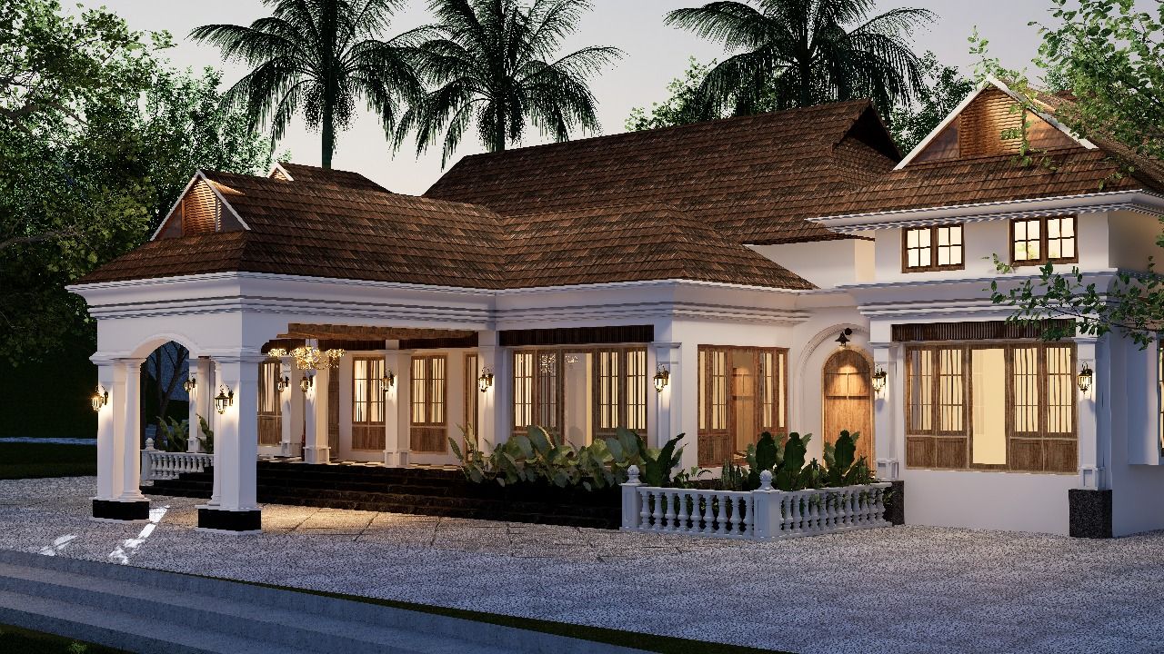 Perspective view of the grand entrance portico highlighting classical white columns, dark granite steps, and lush tropical landscaping.