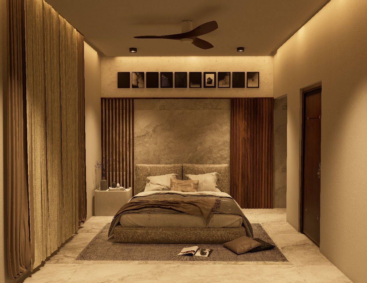 Symmetrical bedroom composition featuring a plush upholstered bed, neutral textiles, and ambient lighting that enhances the stone wall grain.