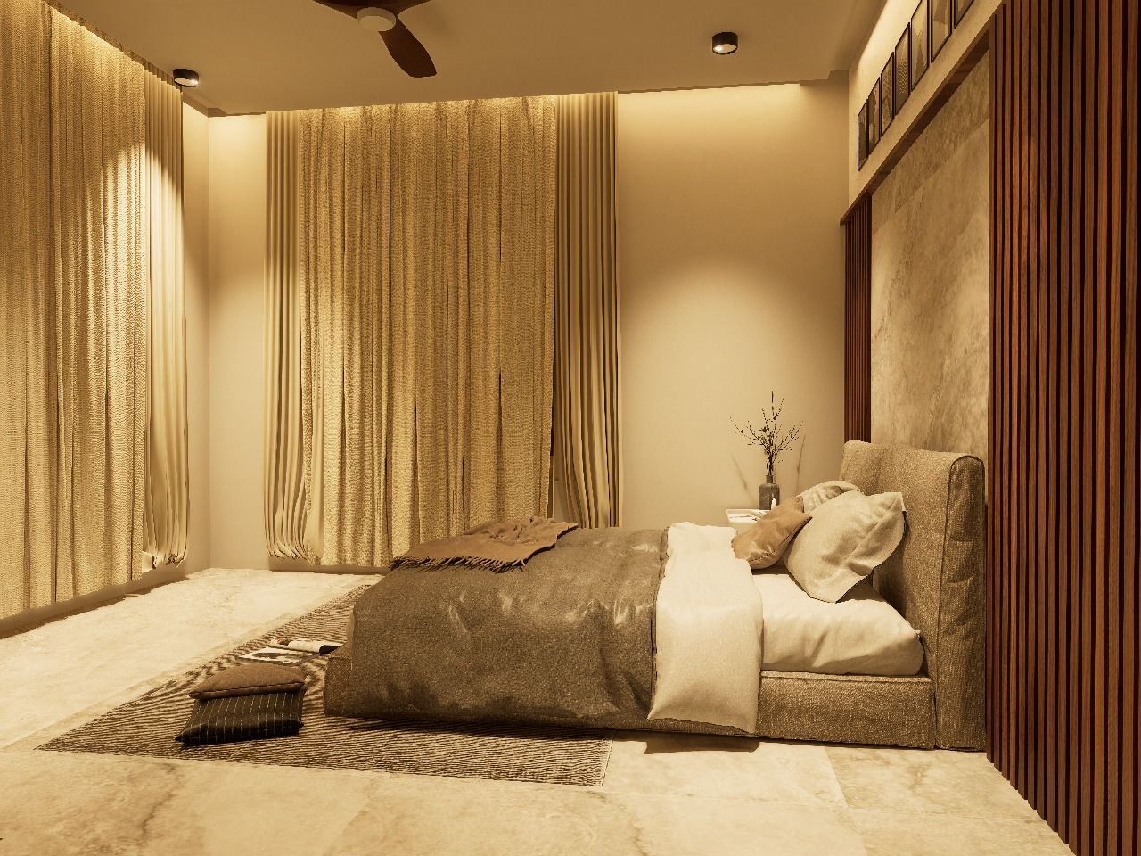 Serene master bedroom suite showcasing a traditional wooden four-poster bed set against an elegant paneled wall with soft atmospheric lighting.