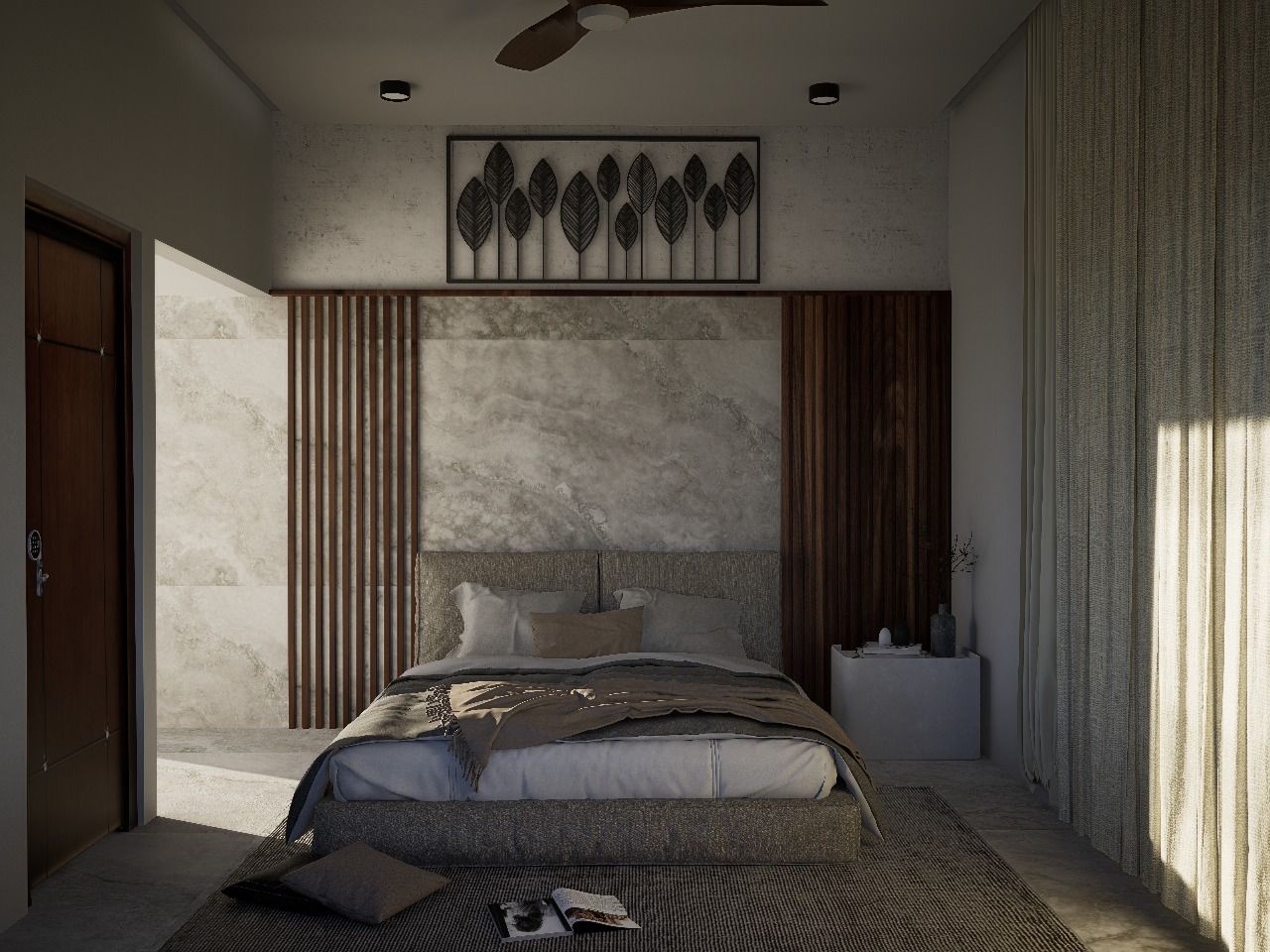 Detailed view of a master suite with soft gray stone textures, vertical wood slats, and a curated leaf-motif wall art installation.