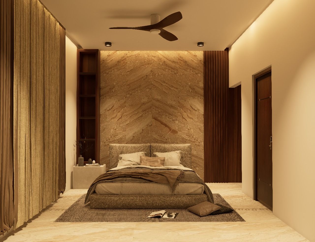 Luxury bedroom interior showcasing a book-matched stone headboard wall, integrated warm cove lighting, and minimalist timber accents.
