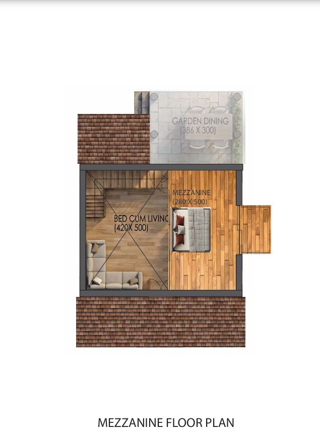 Mezzanine floor plan illustrating a private sleeping loft with timber flooring that overlooks the main living space of the cottage.